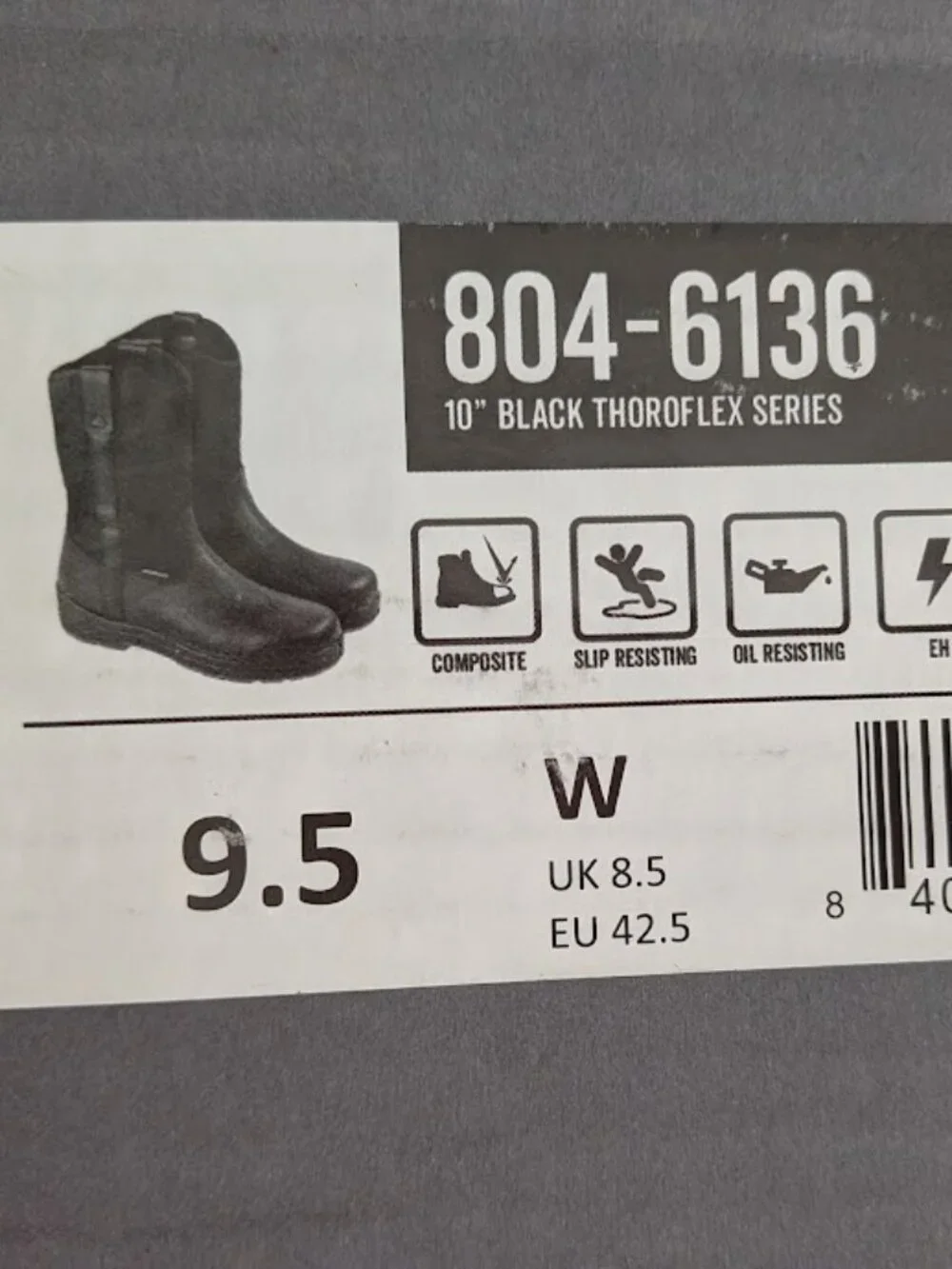 MEN'S 9.5 WIDE THOROGOOD 804-6136 Thoro-Flex 10″ Black Safety Toe Wellington